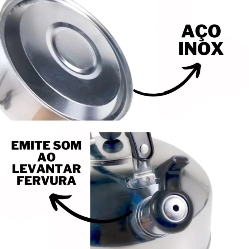 Chaleira Inox 2L com Tampa Alça Térmica e Apito para Café Chá Bebidas Premium