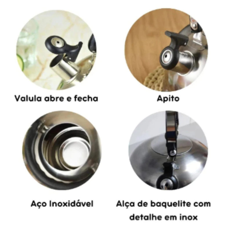 Chaleira Inox 2L com Tampa Alça Térmica e Apito para Café Chá Bebidas Premium