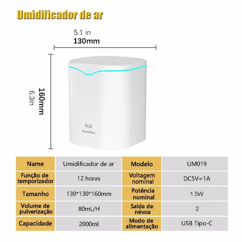 Umidificador Difusor De Ar Ultrassônico Grande Aromatizador 2 Bicos
