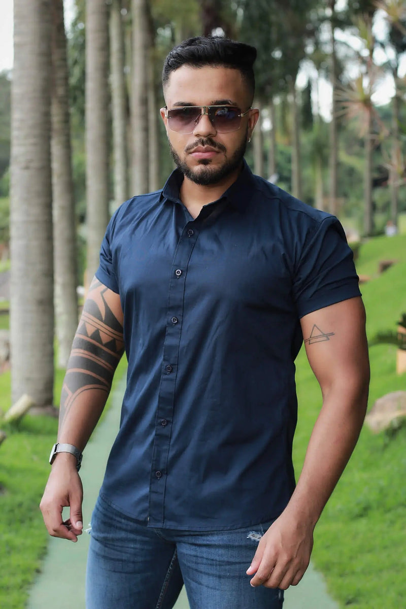 Camisa Slim Fit Azul Marinho  Algodão Premium