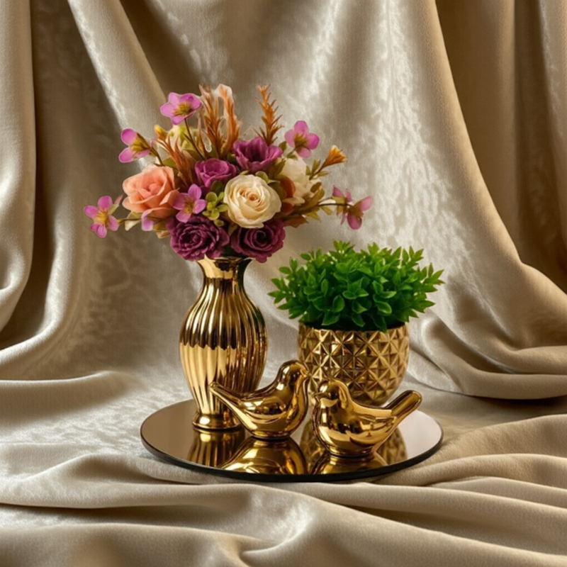 Kit Decoração Mesa Centro com Vaso Dourado com Flores