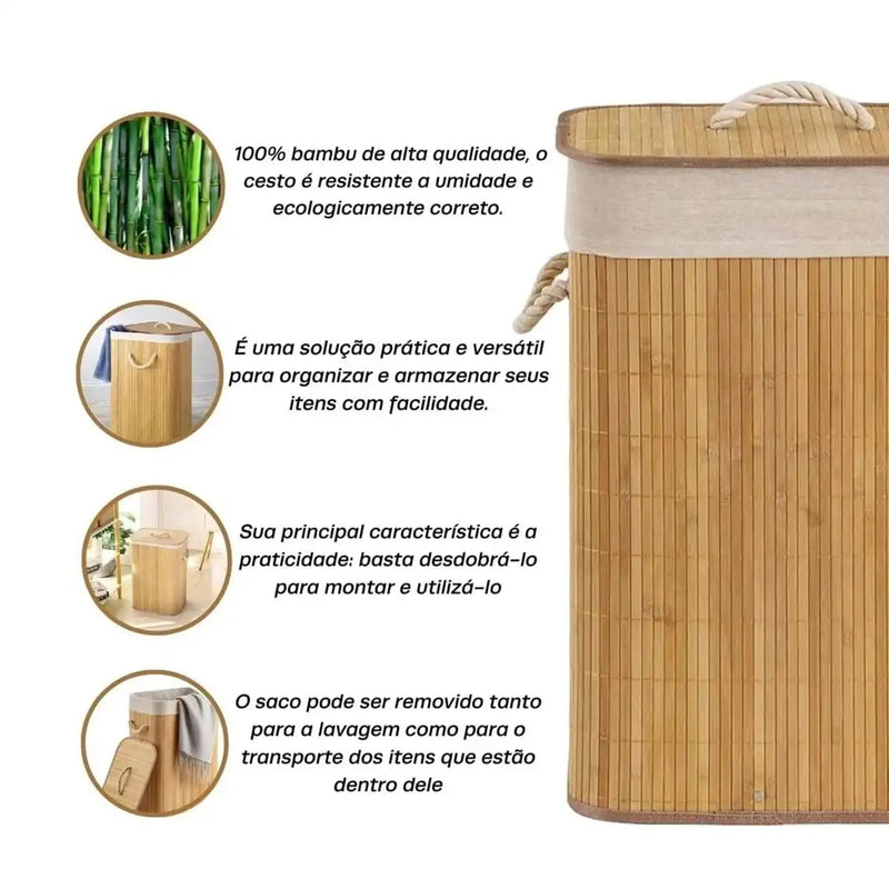 🌿 Cesto de Roupas Sujas Retangular Forrado – Banheiro e Lavanderia