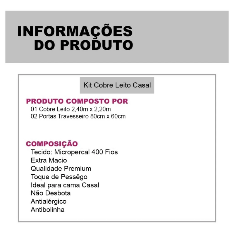 Kit Colcha Cobre Leito Casal Queen Size Percal 400 Fios Dupla Face 3 Peças  Aba Americana