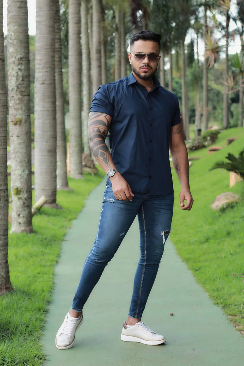 Camisa Slim Fit Azul Marinho  Algodão Premium