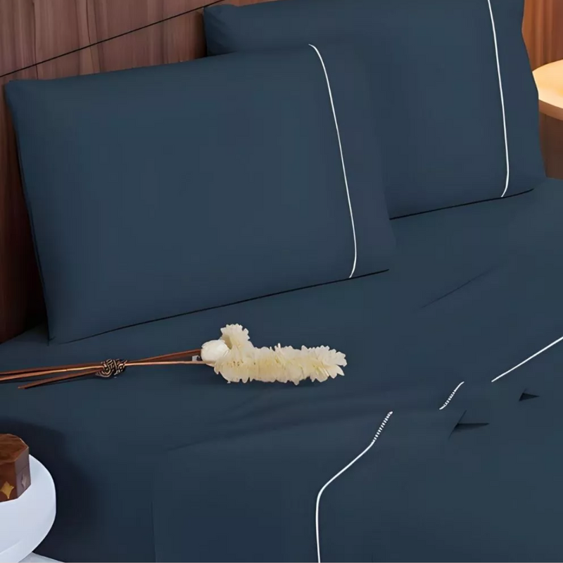 Jogo De Lençol 4 Peças 400 Fios Toque de Seda Detalhe Ponto Palito
