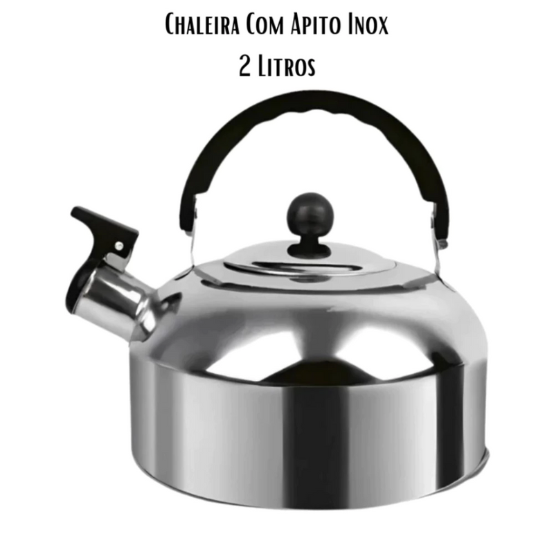 Chaleira Inox 2L com Tampa Alça Térmica e Apito para Café Chá Bebidas Premium