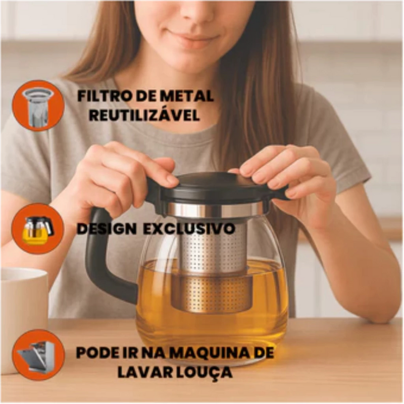Chaleira Jarra  Com Infusor De Vidro 900ml Para Chá Bule