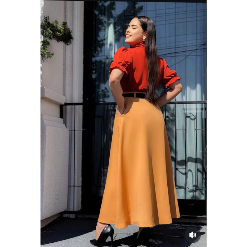 Saia Longa Cinto Feminina Alfaiataria Moda Evangélica