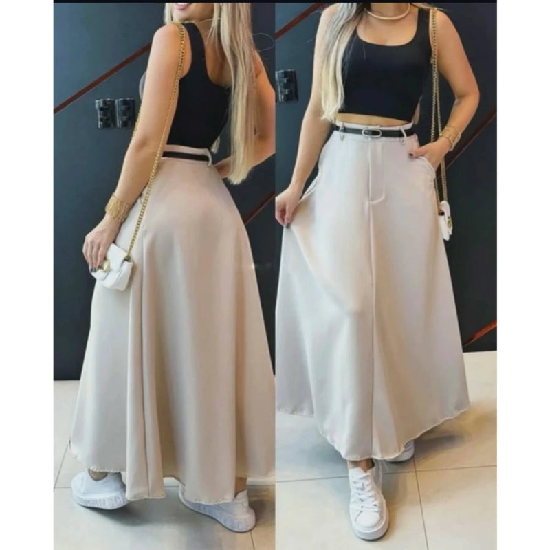 Saia Longa Cinto Feminina Alfaiataria Moda Evangélica