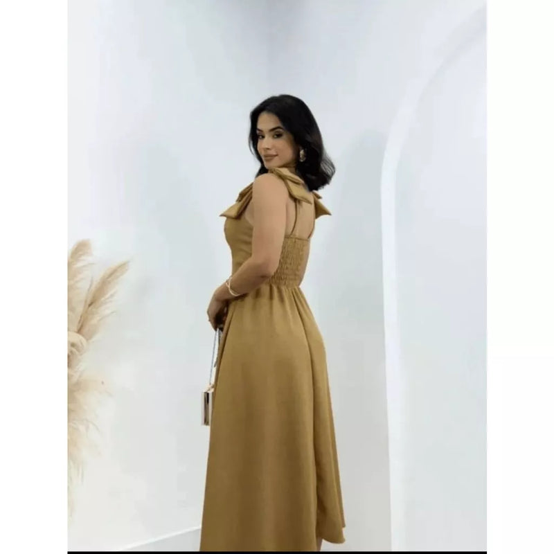 Vestido midi feminino duna linho com laço na manga Linha Premium