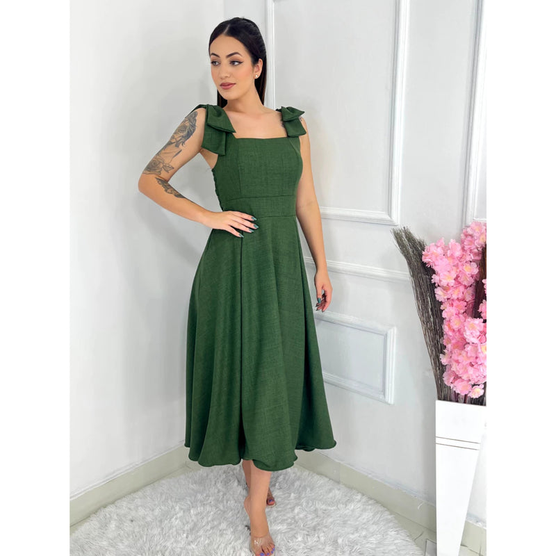 Vestido midi feminino duna linho com laço na manga Linha Premium