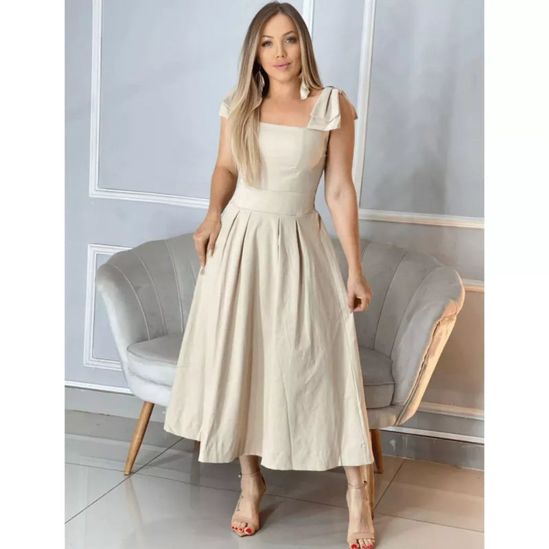Vestido midi feminino duna linho com laço na manga Linha Premium