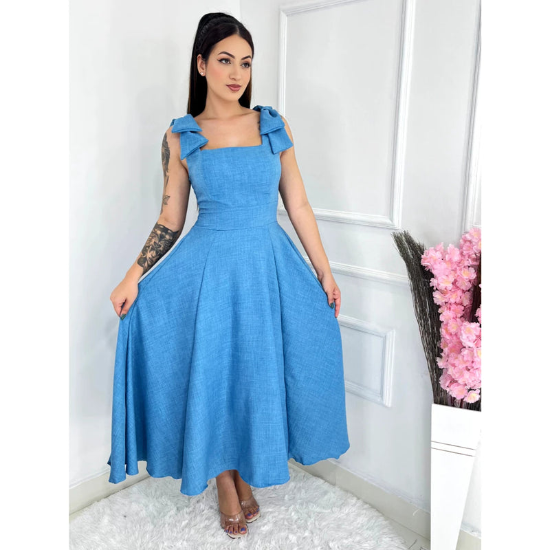 Vestido midi feminino duna linho com laço na manga Linha Premium