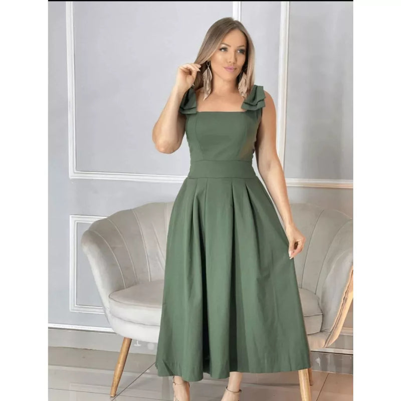 Vestido midi feminino duna linho com laço na manga Linha Premium