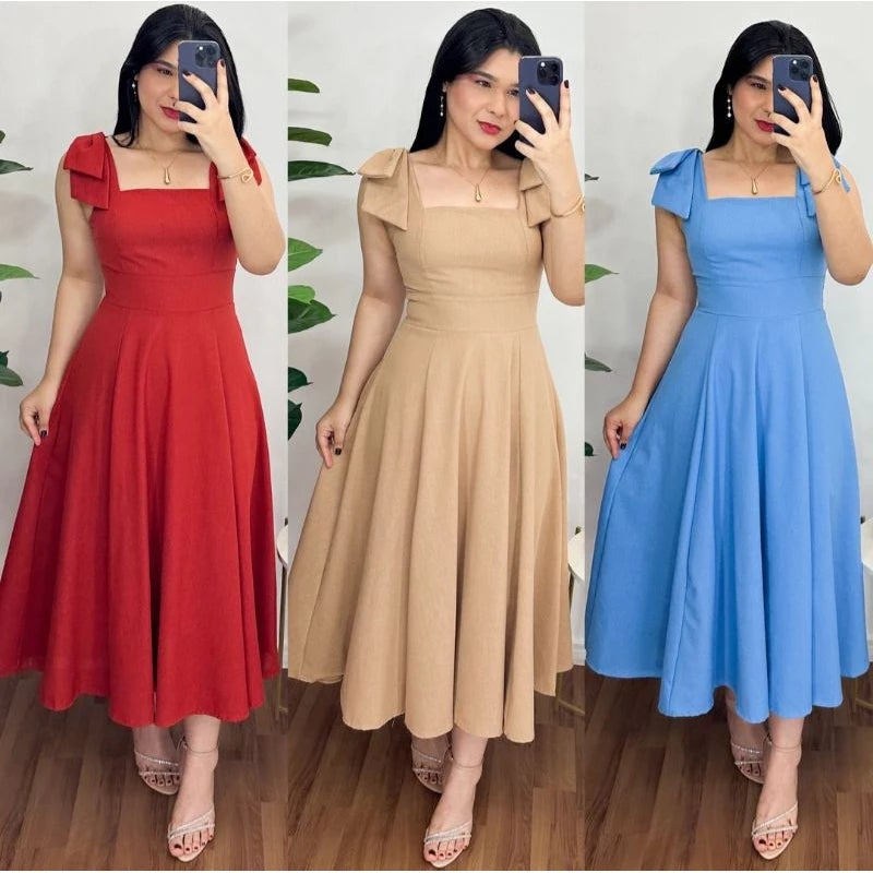 Vestido midi feminino duna linho com laço na manga Linha Premium