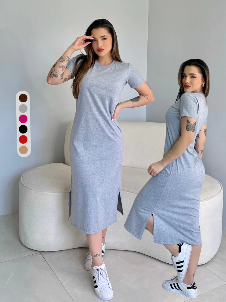 Vestidos Feminino Midi Fenda Lateral Manga Curta