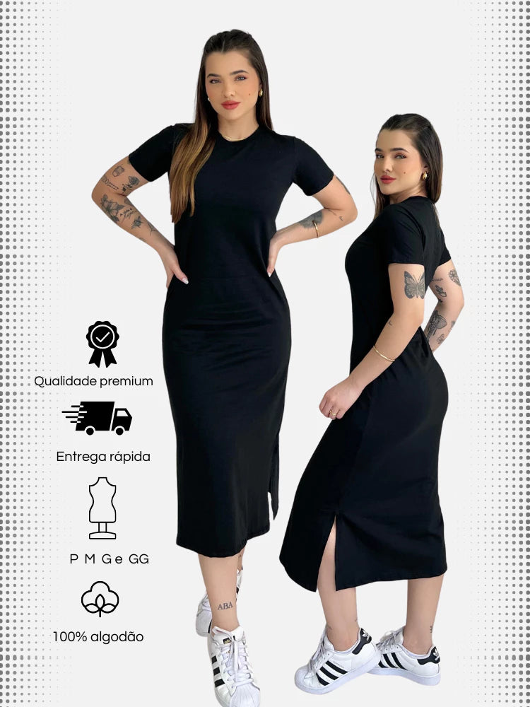Vestidos Feminino Midi Fenda Lateral Manga Curta