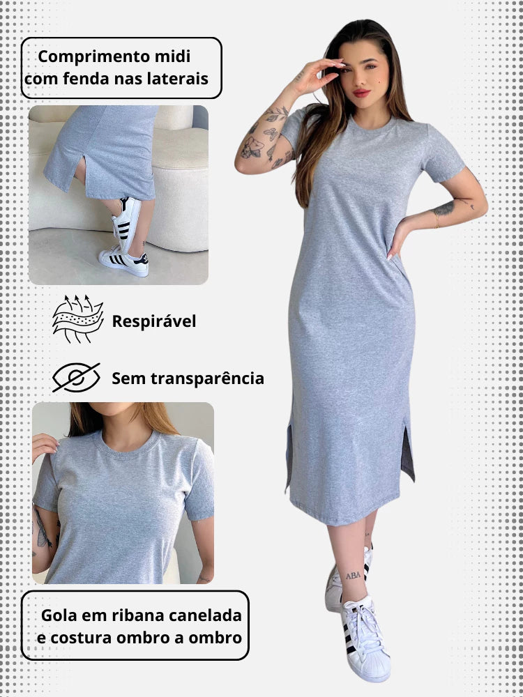Vestidos Feminino Midi Fenda Lateral Manga Curta