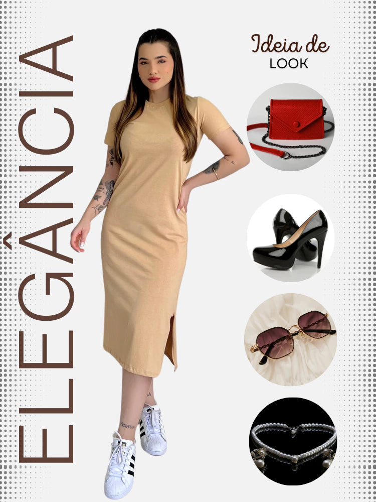 Vestidos Feminino Midi Fenda Lateral Manga Curta