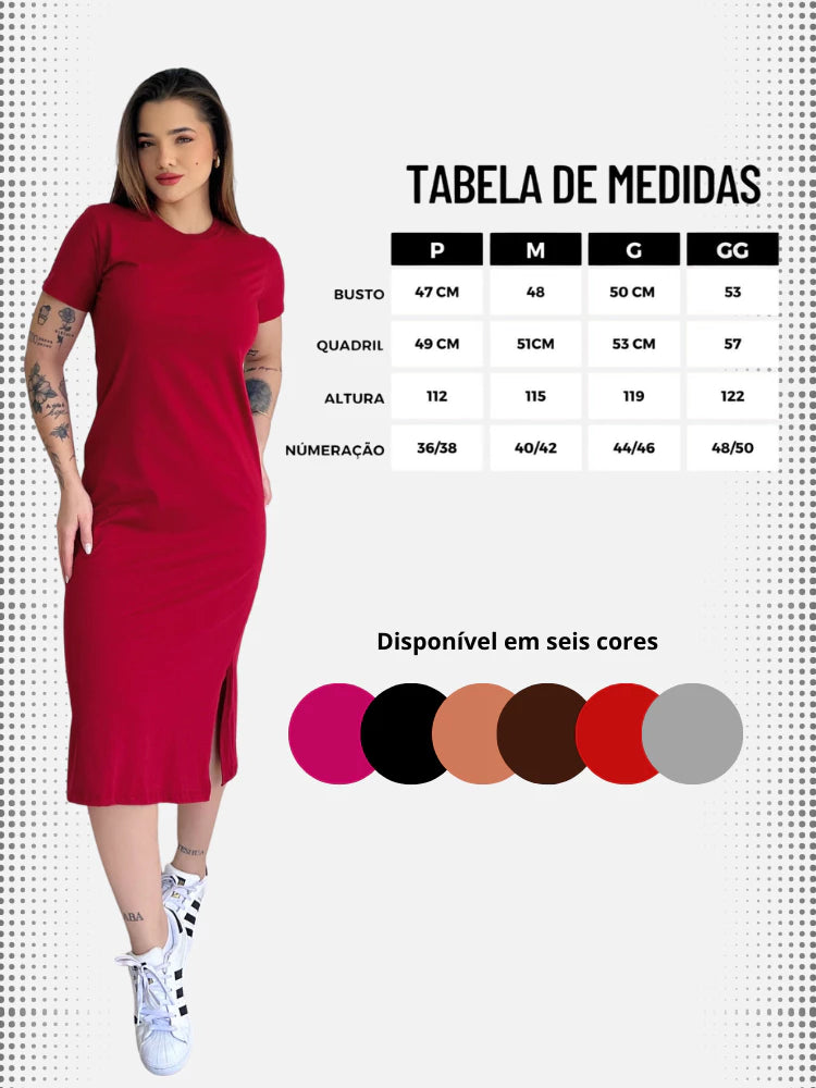 Vestidos Feminino Midi Fenda Lateral Manga Curta