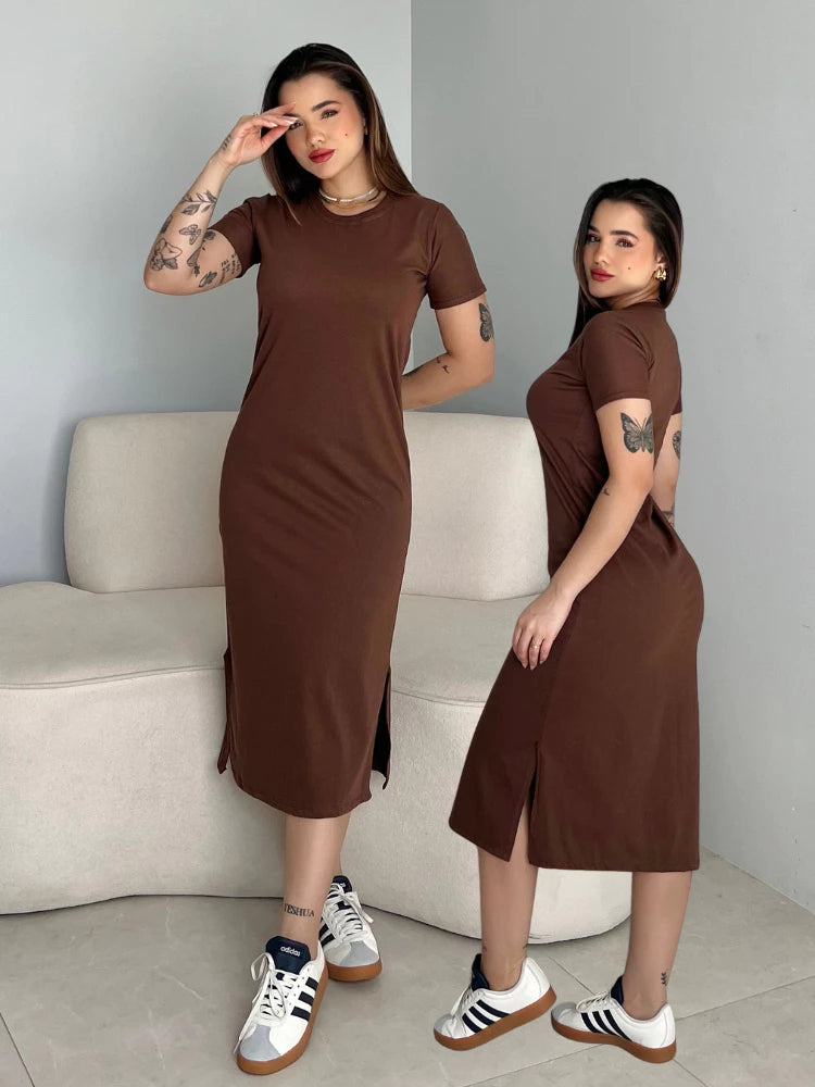 Vestidos Feminino Midi Fenda Lateral Manga Curta