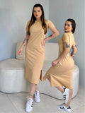 Vestidos Feminino Midi Fenda Lateral Manga Curta