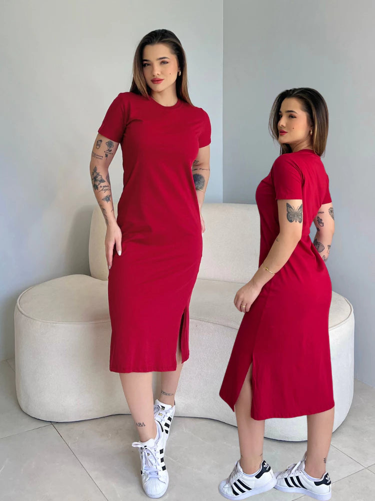 Vestidos Feminino Midi Fenda Lateral Manga Curta