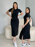 Vestidos Feminino Midi Fenda Lateral Manga Curta