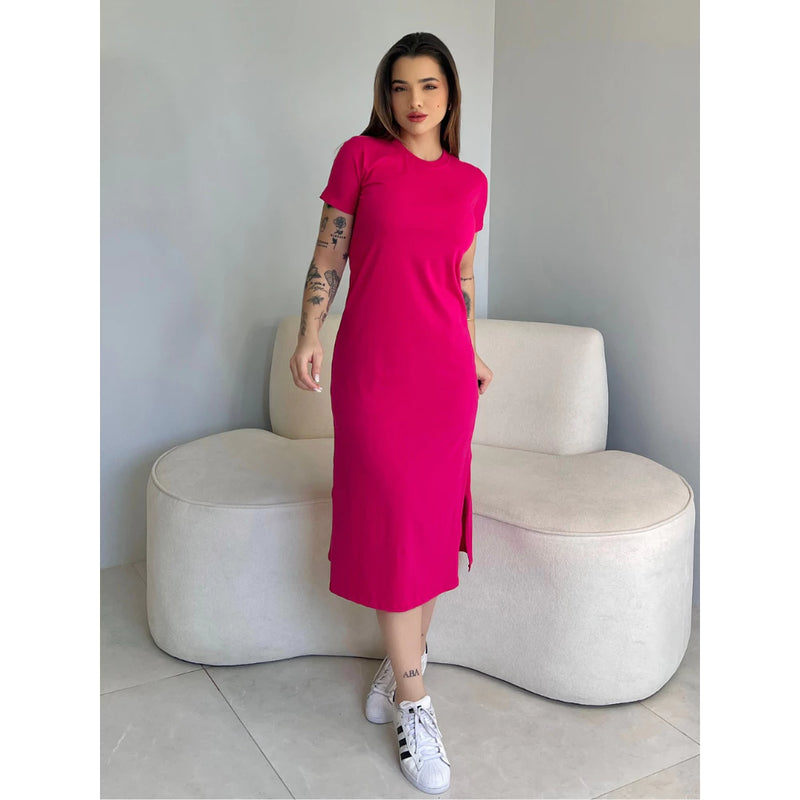 Vestidos Feminino Midi Fenda Lateral Manga Curta
