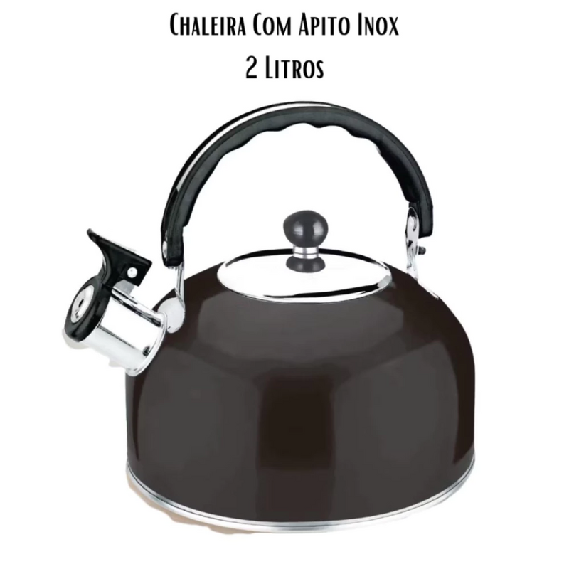 Chaleira Inox 2L com Tampa Alça Térmica e Apito para Café Chá Bebidas Premium