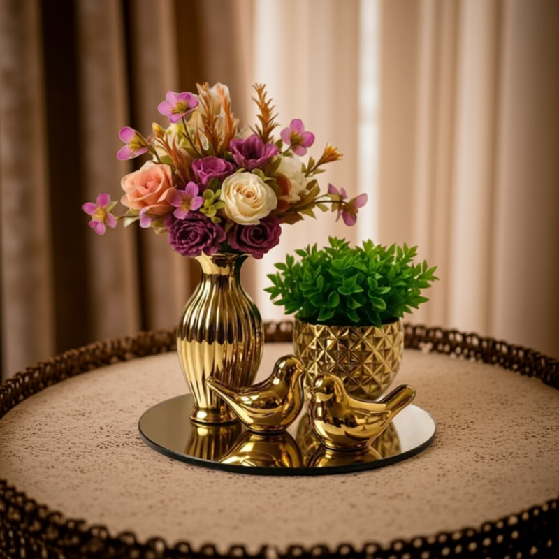 Kit Decoração Mesa Centro com Vaso Dourado com Flores