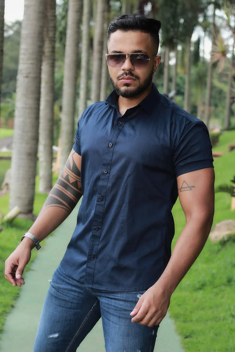 Camisa Slim Fit Azul Marinho  Algodão Premium