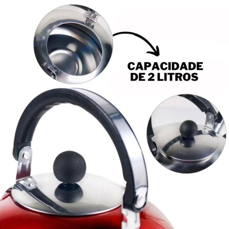 Chaleira Inox 2L com Tampa Alça Térmica e Apito para Café Chá Bebidas Premium