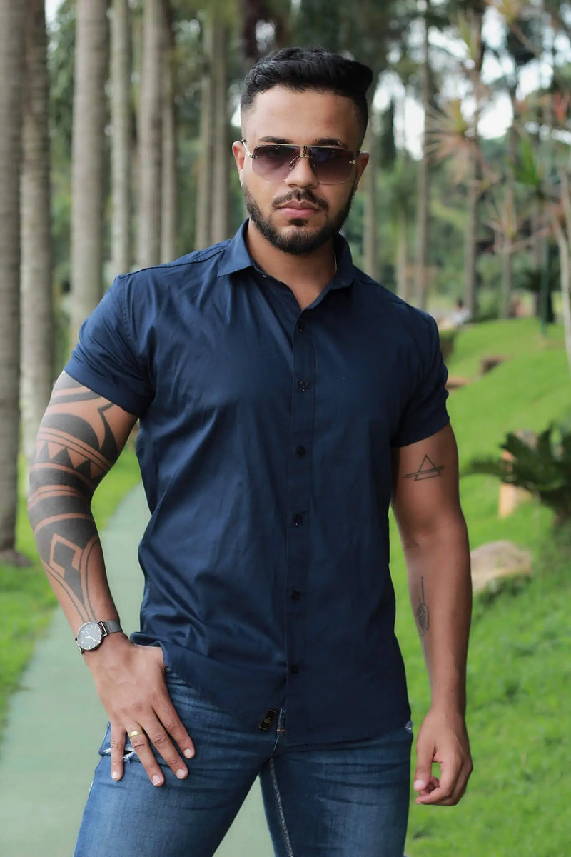 Camisa Slim Fit Azul Marinho  Algodão Premium